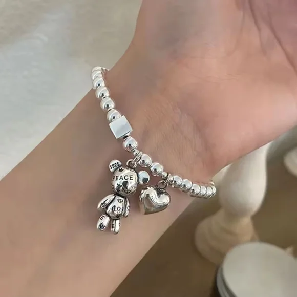 Silver Beaded Charm Bracelet with Teddy and Heart Charms - Picture 1 of 5